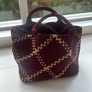 Naghedi St Barths, medium burgundy and beige woven tote, EUC
